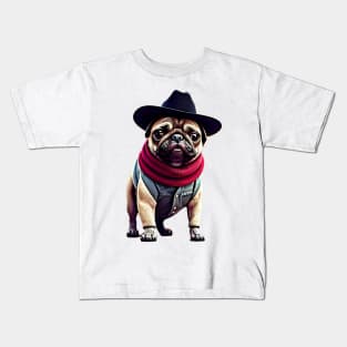 Cute Pug Cowboy Costume - Adorable Pug in Western Outfit and Neck Scarf Kids T-Shirt